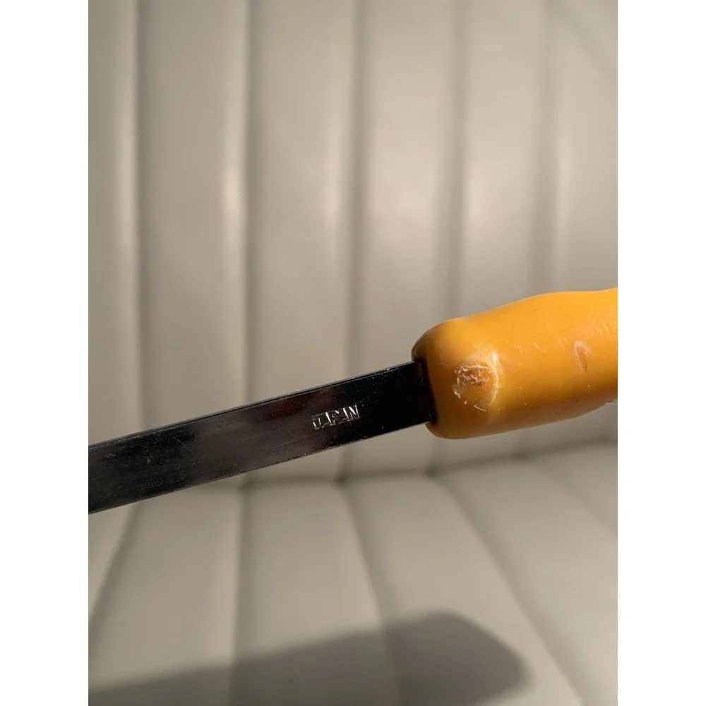 Vintage Kitchen Slotted Serving Spoon Utensil with Yellow Handle Made in Japan